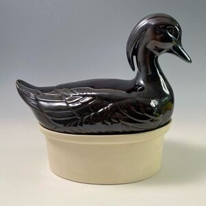 VTG Brown & Cream Ceramic Nesting Duck 2 piece oven Roasting dish 11.5"×11.5"×6"